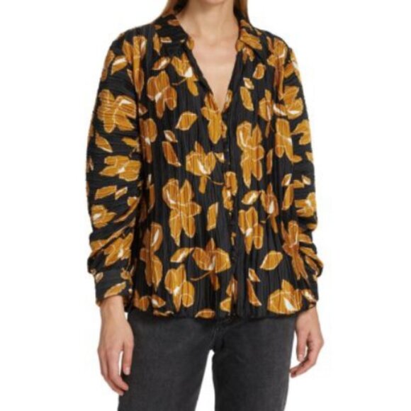Jonathan Simkhai Winslow Pleated Floral Button Down Blouse - Picture 1 of 11